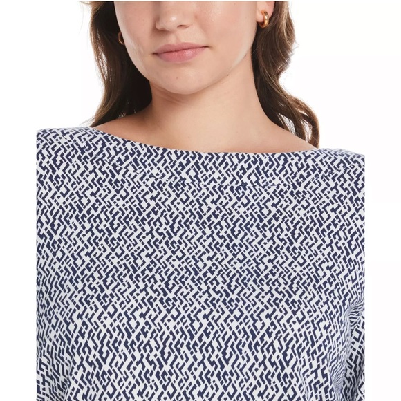 *NWT* Rafaella Long Sleeve Women's White Navy Cross Tiles Print Top Size Large - Picture 3 of 14